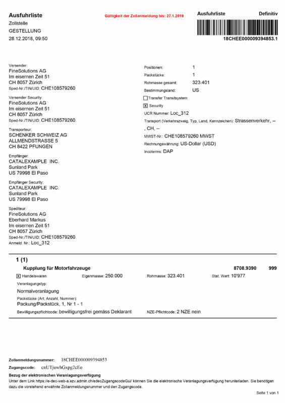 Ausfuhrliste Zur Zollanmeldung Finesolutions Ag