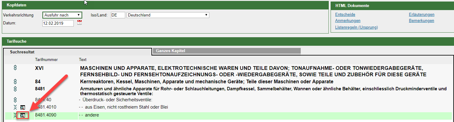 Tares Website Detailanzeige Ausfuhrzollanmeldung