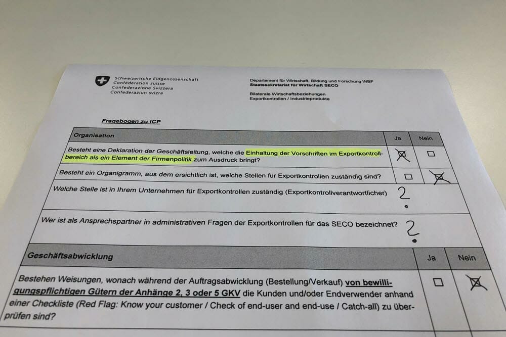 Fragebogen des SECO zum Internal Compliance Program für die Umsetzung der Exportkontrolle im Unternehmen