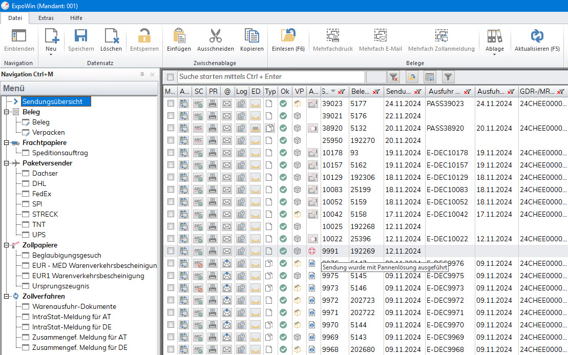 Bildschirmkopie Zollsoftware ExpoWin Anwendung Pannenlösung Zoll