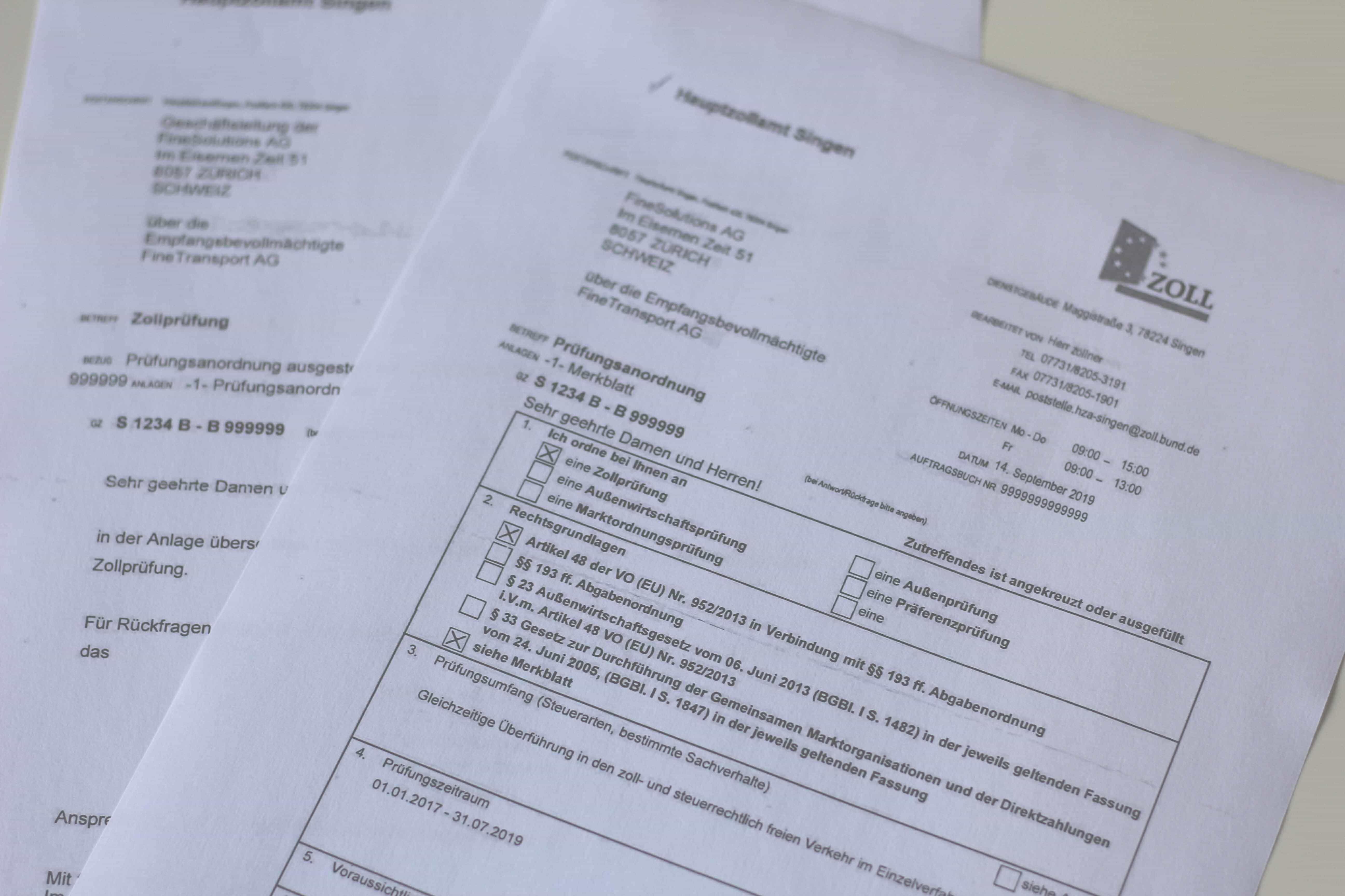 Brief vom Hauptzollamt mit Ankündigung zur Zollprüfung und Prüfungsanordnung