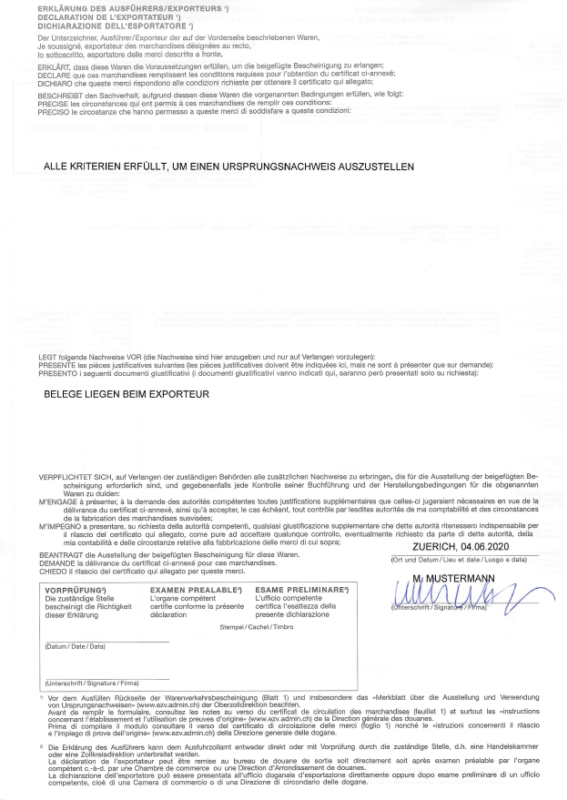 Muster ausgefüllte EUR.1 (Verkehr Schweiz - EU ) Vorderseite