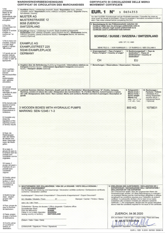 Muster ausgefüllte EUR.1 (Verkehr Schweiz - EU ) Vorderseite