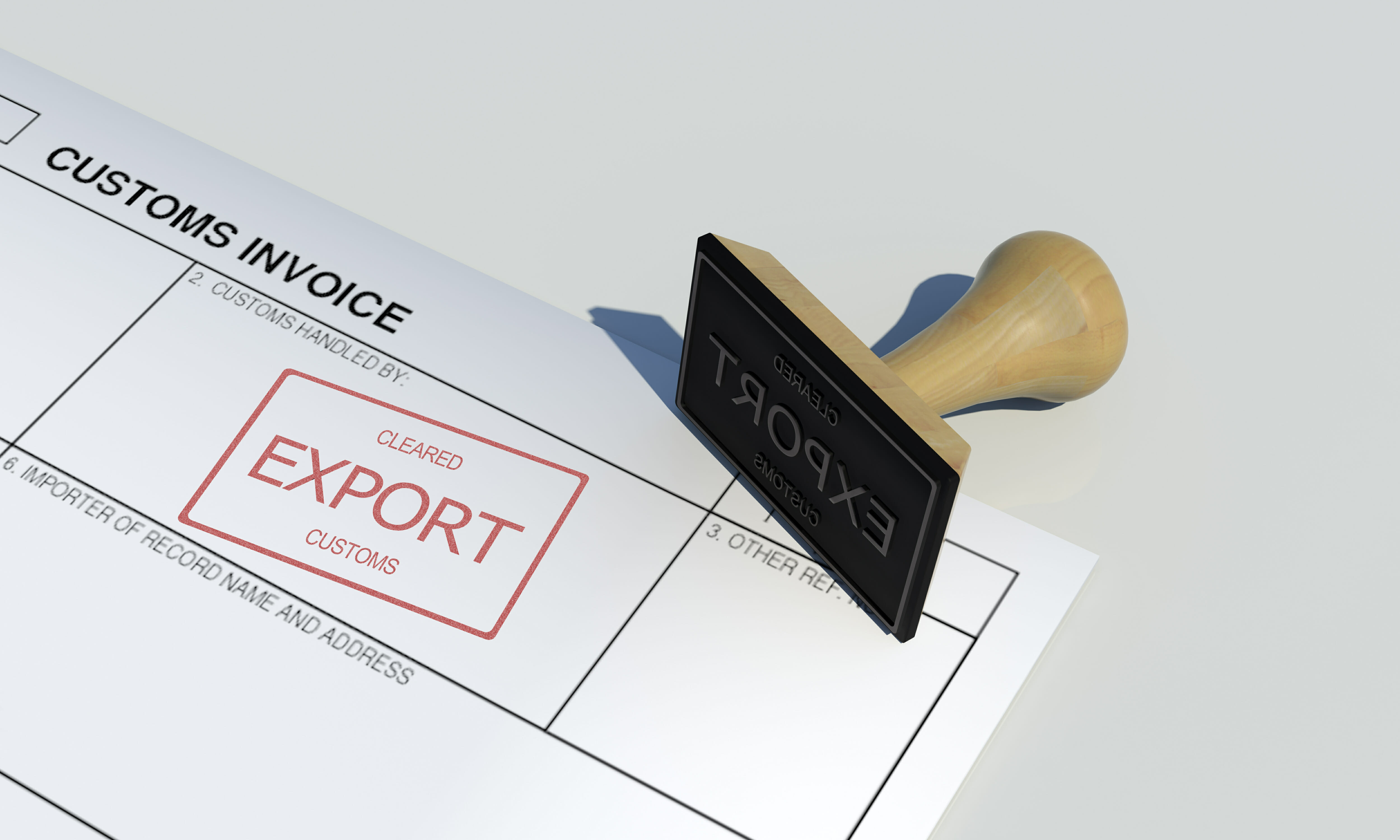 Ausgedruckte Rechnung, auf die mit einem ebenfalls sichtbaren Stempelkissen "Export" aufgestempelt wurde