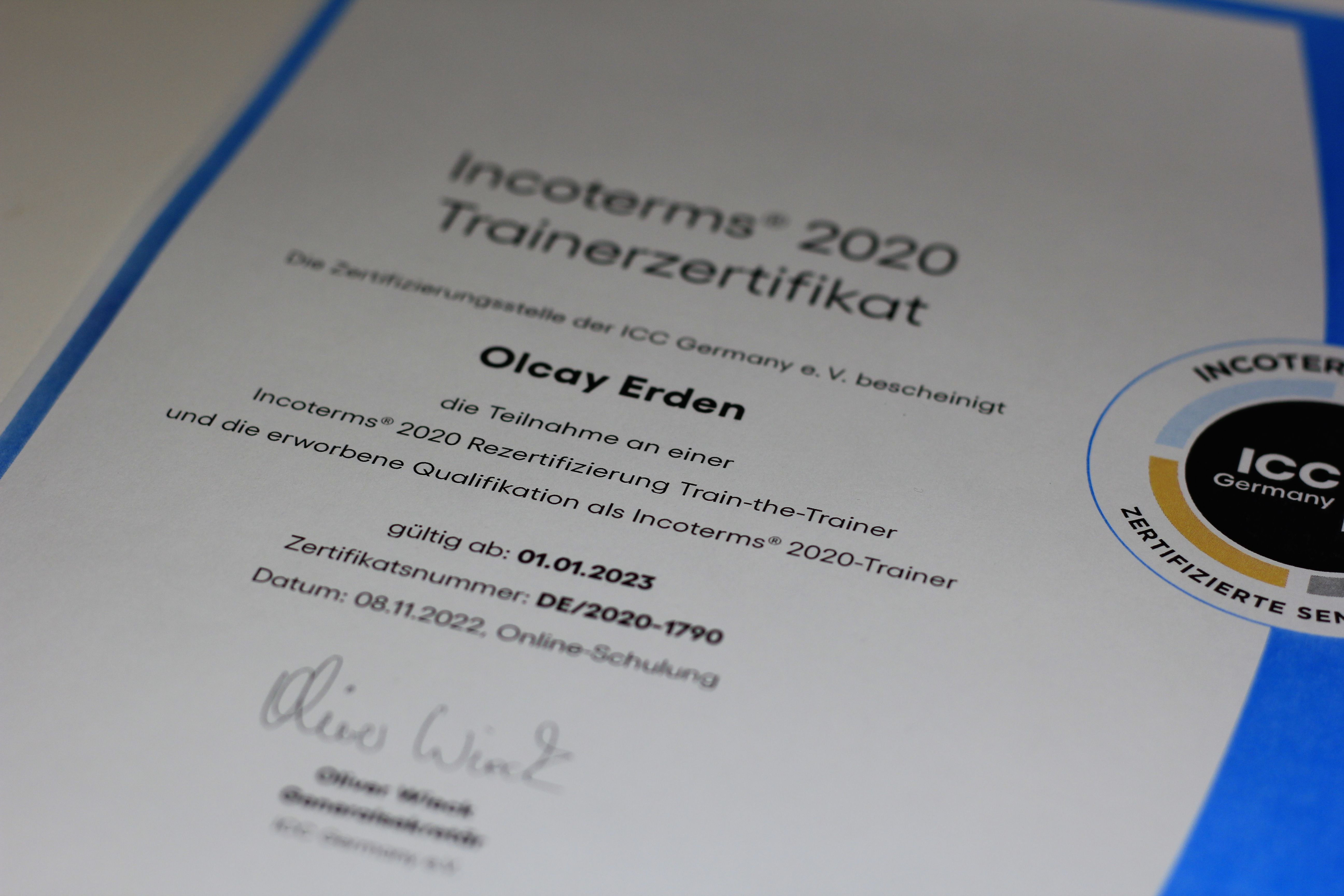 Incoterms 2020 Teilnehmerzertifikat Rezertifizierung von Olcay Erden FineSolutions AG