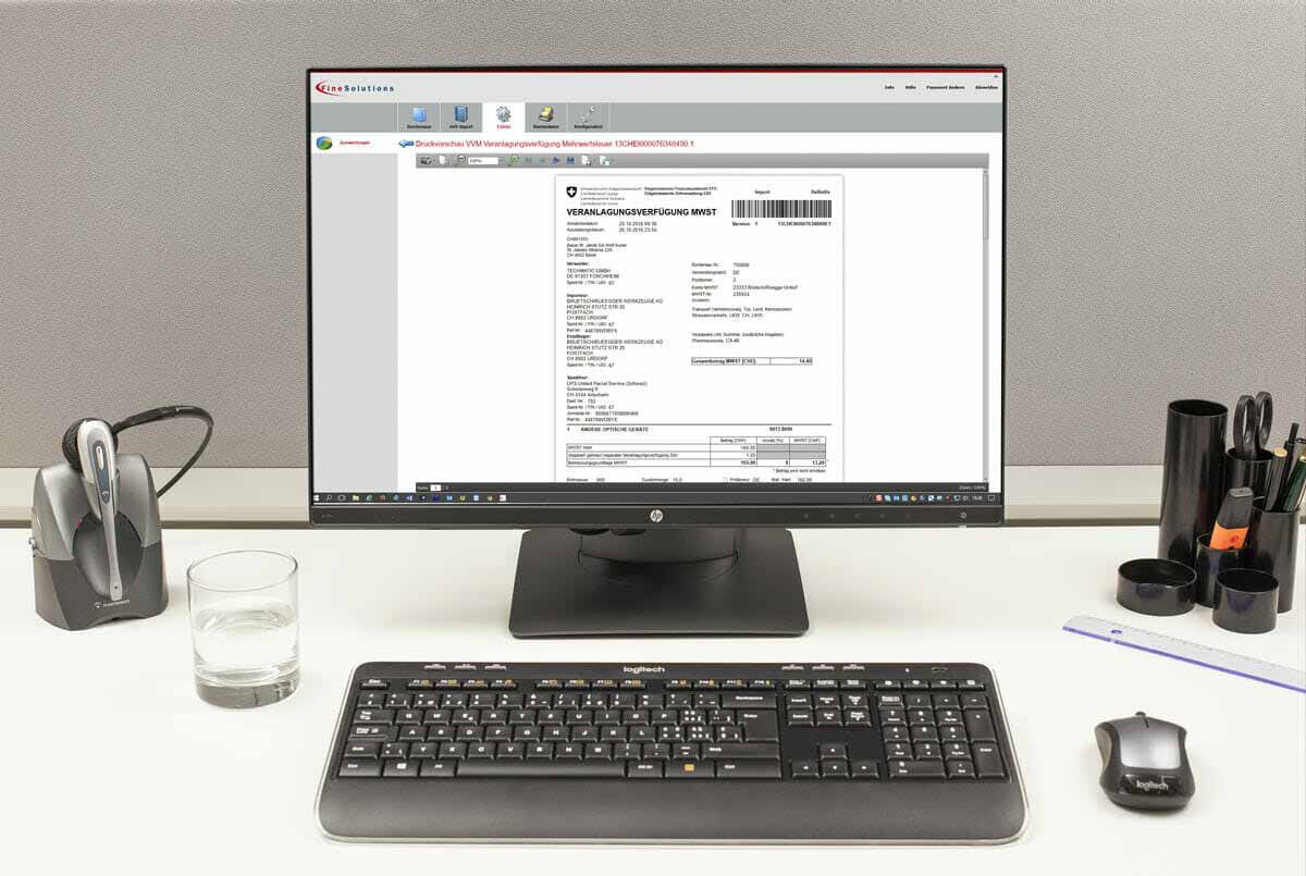 Anzeige einer Veranlagungsverfügung MWST auf einem Bildschirm mit finesolutions-Software ImpoWin