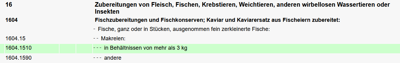 Auszug Tares Zolltarifnummer 16