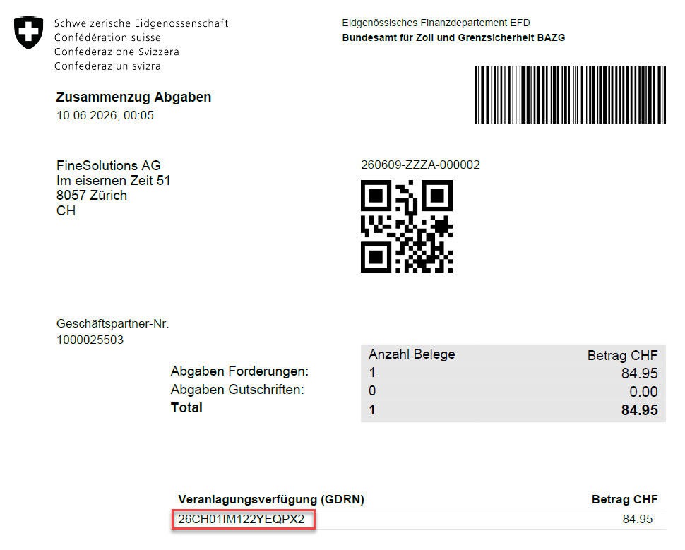 Abbild BAZG Zusammenzug Abgaben mit 1 Beleg Abgaben Zölle