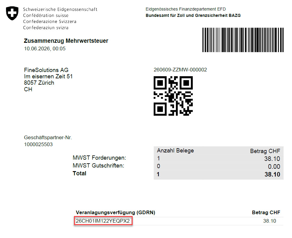 Abbild BAZG Zusammenzug Mehrwertsteuer mit 1 Beleg MWST