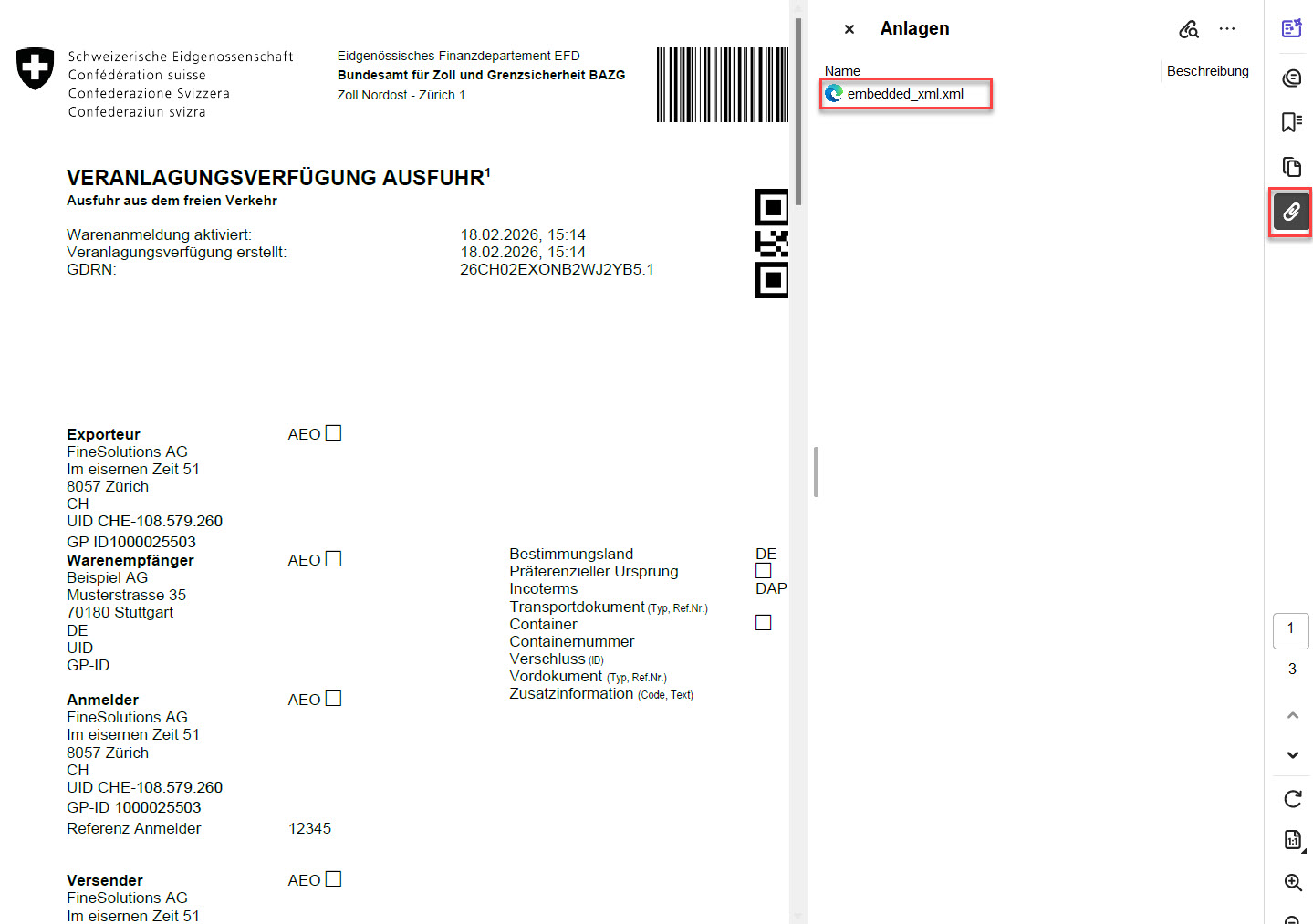 Abbild einer lesbaren eVV Einfuhr mit einer embedded XML-Datei