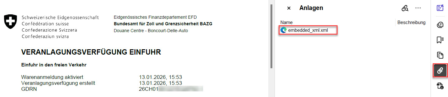 eVV Einfuhr in lesbarer PDF-Form mit embedded XML