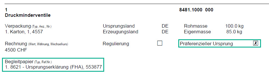 Abbild evv Einfuhr Passar mit grünen Kästchen um die Felder, welche für die Präferenz wichtig sind