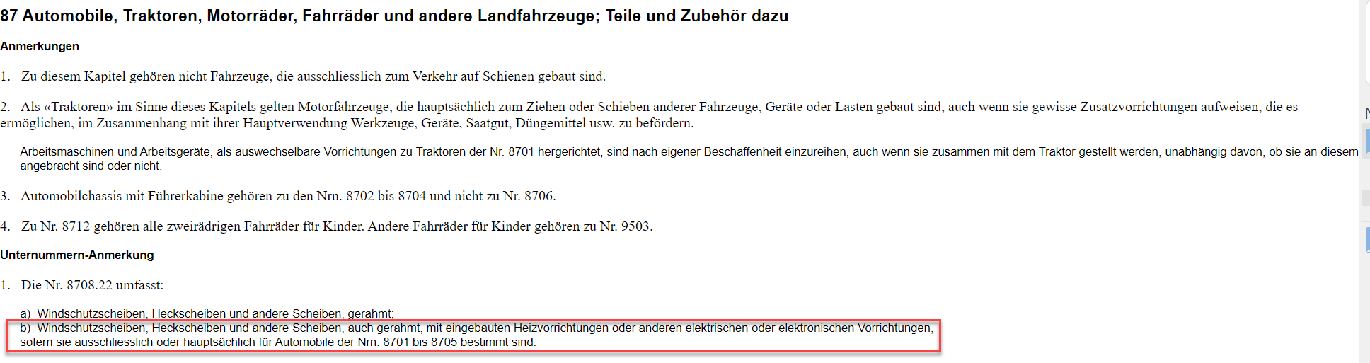 Auszug Tares Schweizer Unternummer Zolltarifnummer 87082290