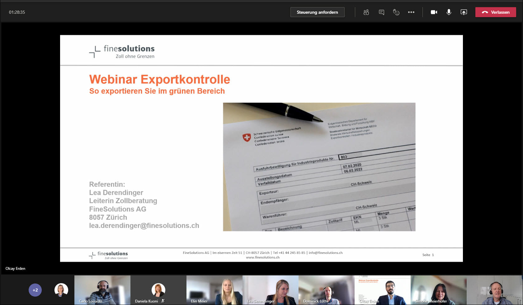 Bildschirmfoto Webinar Exportkontrolle mit Titelfolie plus Referent und Teilnehmer Finesolutions
