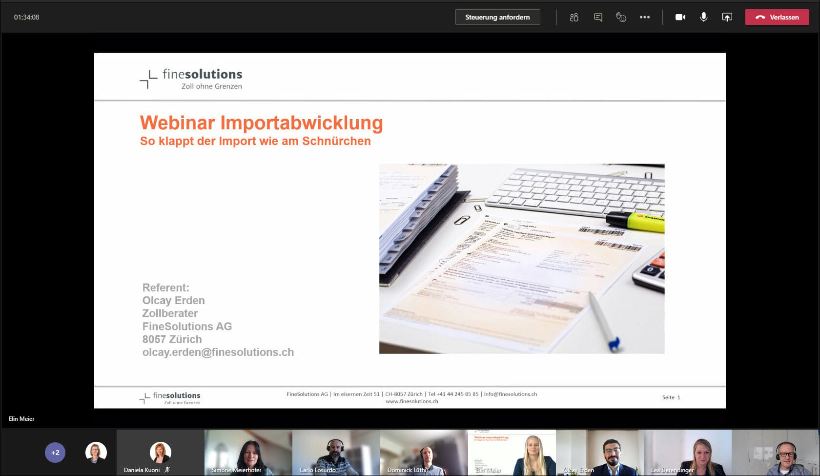 Bildschirmfoto Webinar Importabwicklung mit Titelfolie plus Referent und Teilnehmer von Finesolutions