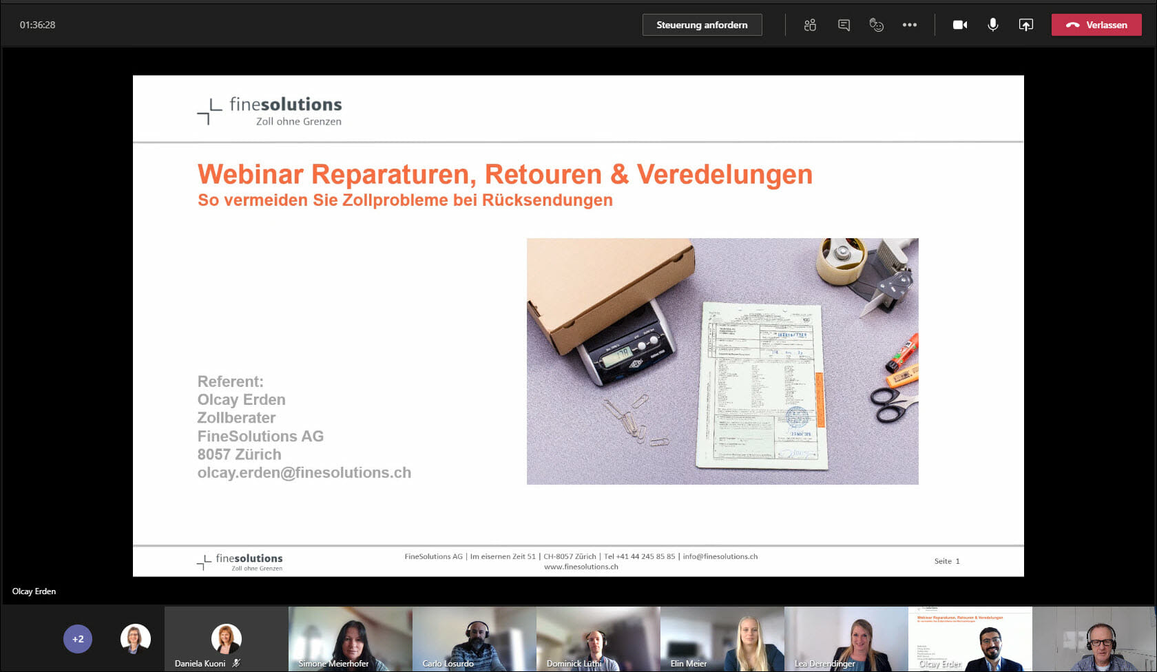 Bildschirmfoto Webinar Reparaturabwicklung mit Titelfolie plus Referent und Teilnehmer von Finesolutions