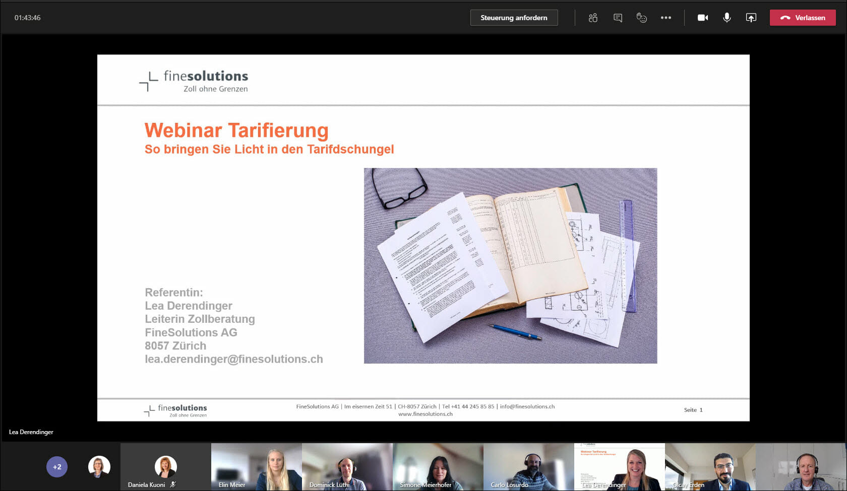 Bildschirmfoto Webinar Tarifierung mit Titelfolie plus Referent und Teilnehmer Finesolutions