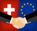 Illustration 2 Hände Schweiz EU vor den Wappen zum Vertragsabschluss Freihandelsabkommen.