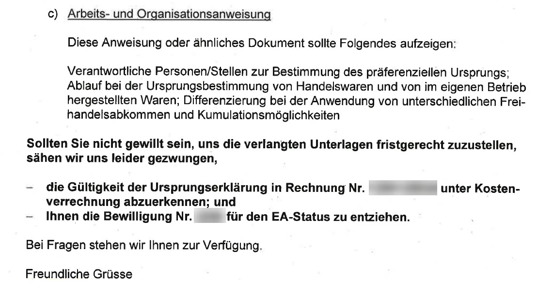 Auszug (anonymisiert) aus einem Schreiben des BAZG zur Androhung des EA-Bewilligungsentzugs Seite 2