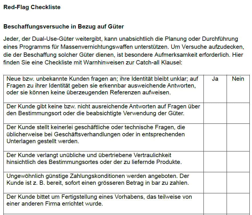 Auszug aus der "Red-Flag" Checkliste des Schweizer SECO mit verschiedenen Fragen und einer Ja-Nein Spalte