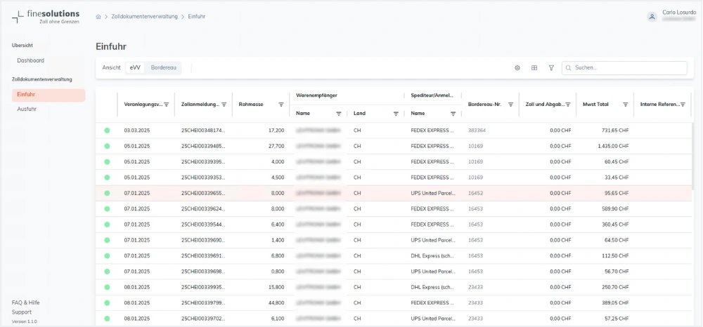 Bildschirmkopie FineSolutions Zollsuite Modul Belegmanagement Abholen und Anzeigen der Zolldokumente