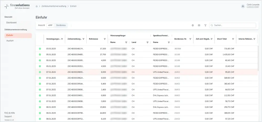 Bildschirmkopie FineSolutions Zollsuite Modul Belegmanagement Abholen und Anzeigen der Zolldokumente