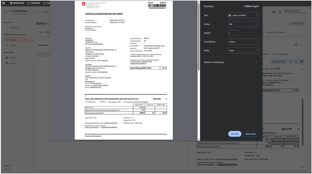 Bildschirmkopie FineSolutions Zollsuite Modul Belegmanagement Drucken einer Veranlagunsverfügung Zoll