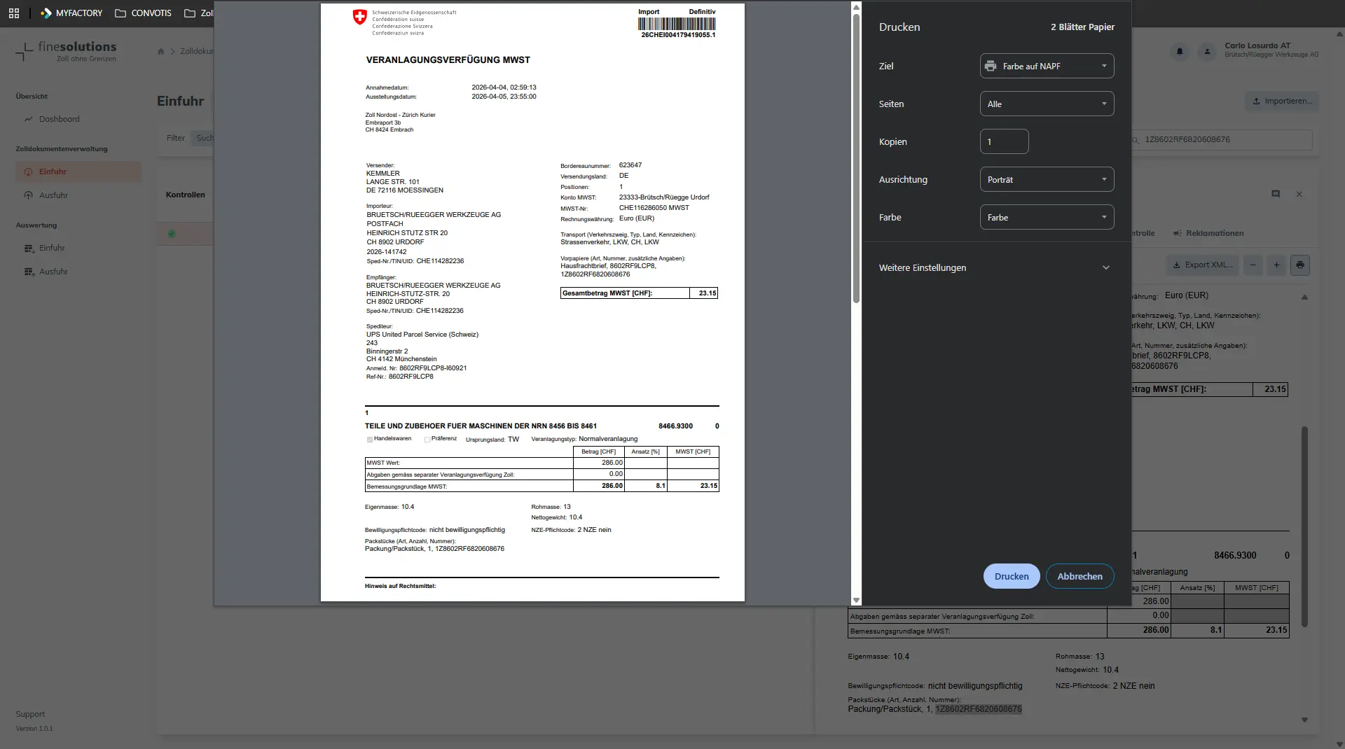 Bildschirmkopie FineSolutions Zollsuite Modul Belegmanagement Drucken einer Veranlagunsverfügung Zoll