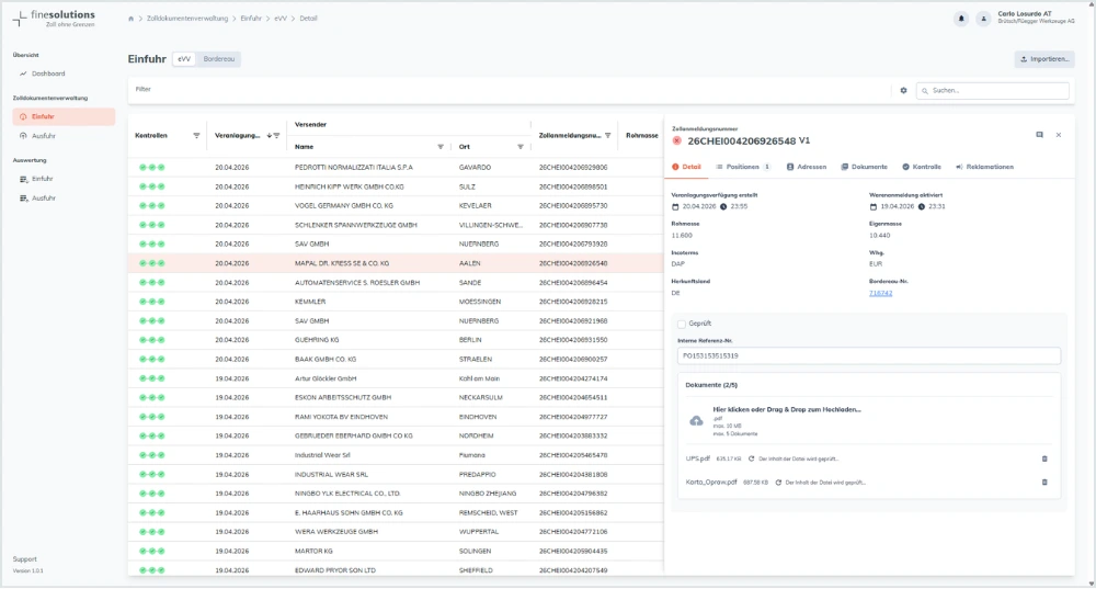 Bildschirmkopie FineSolutions Zollsuite Modul Belegmanagement Hochladen Zusatzdokumente Einfuhr