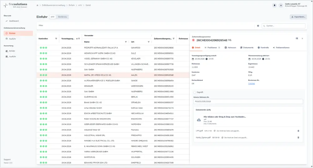 Bildschirmkopie FineSolutions Zollsuite Modul Belegmanagement Hochladen Zusatzdokumente Einfuhr