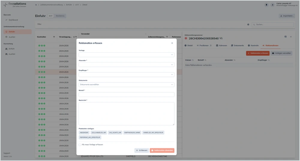 Bildschirmkopie FineSolutions Zollsuite Modul Belegmanagement E-Mail versenden Reklamation
