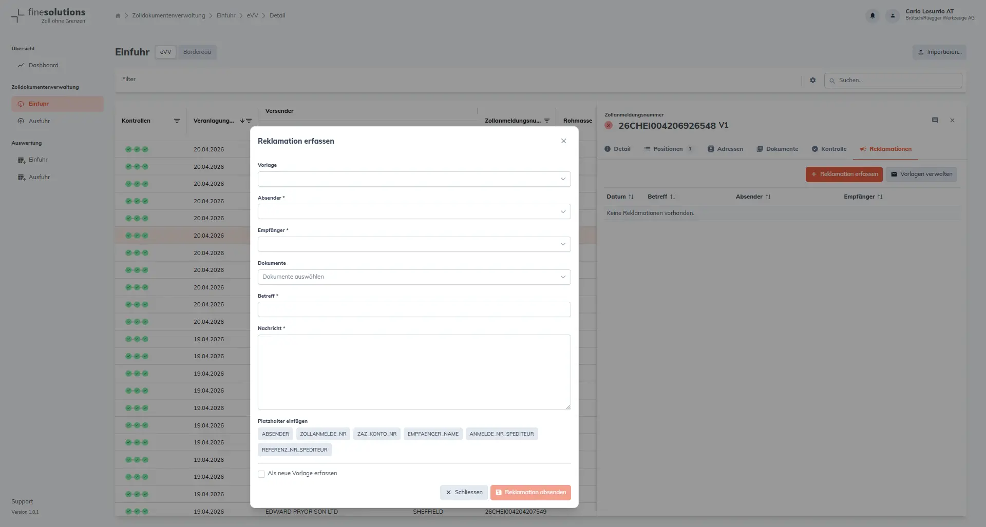 Bildschirmkopie FineSolutions Zollsuite Modul Belegmanagement E-Mail versenden Reklamation