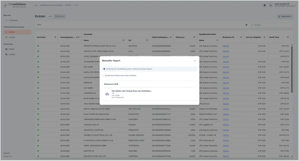 Bildschirmkopie FineSolutions Zollsuite Modul Belegmanagement Import von Dateien für Sendungen die durch Dritte abgewickelt wurden