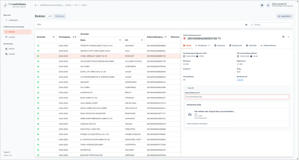 Bildschirmkopie FineSolutions Zollsuite Modul Belegmanagement Hinzufügen der internen Referenzierung zu Einfuhrsendungen