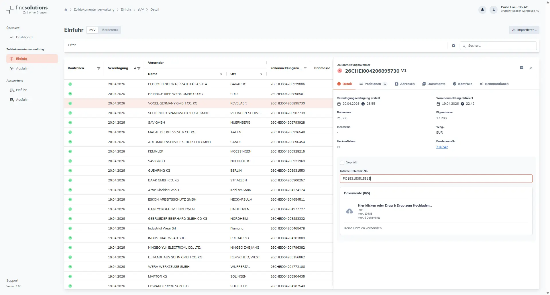 Bildschirmkopie FineSolutions Zollsuite Modul Belegmanagement Hinzufügen der internen Referenzierung zu Einfuhrsendungen
