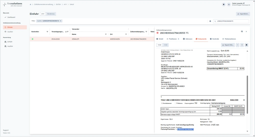 Bildschirmkopie FineSolutions Zollsuite Modul Belegmanagement Suchfunktion nach Zollbelegen