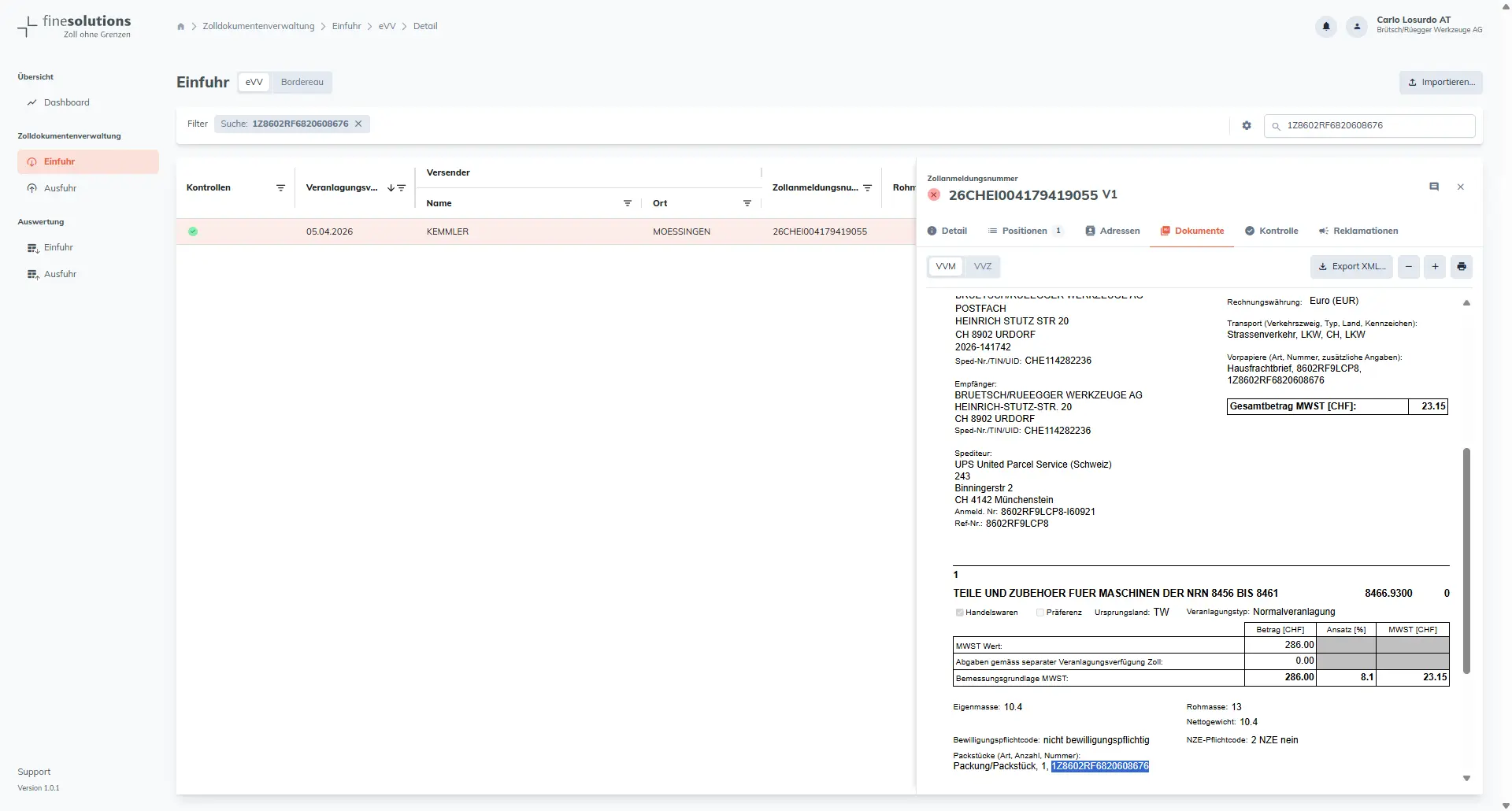 Bildschirmkopie FineSolutions Zollsuite Modul Belegmanagement Suchfunktion nach Zollbelegen