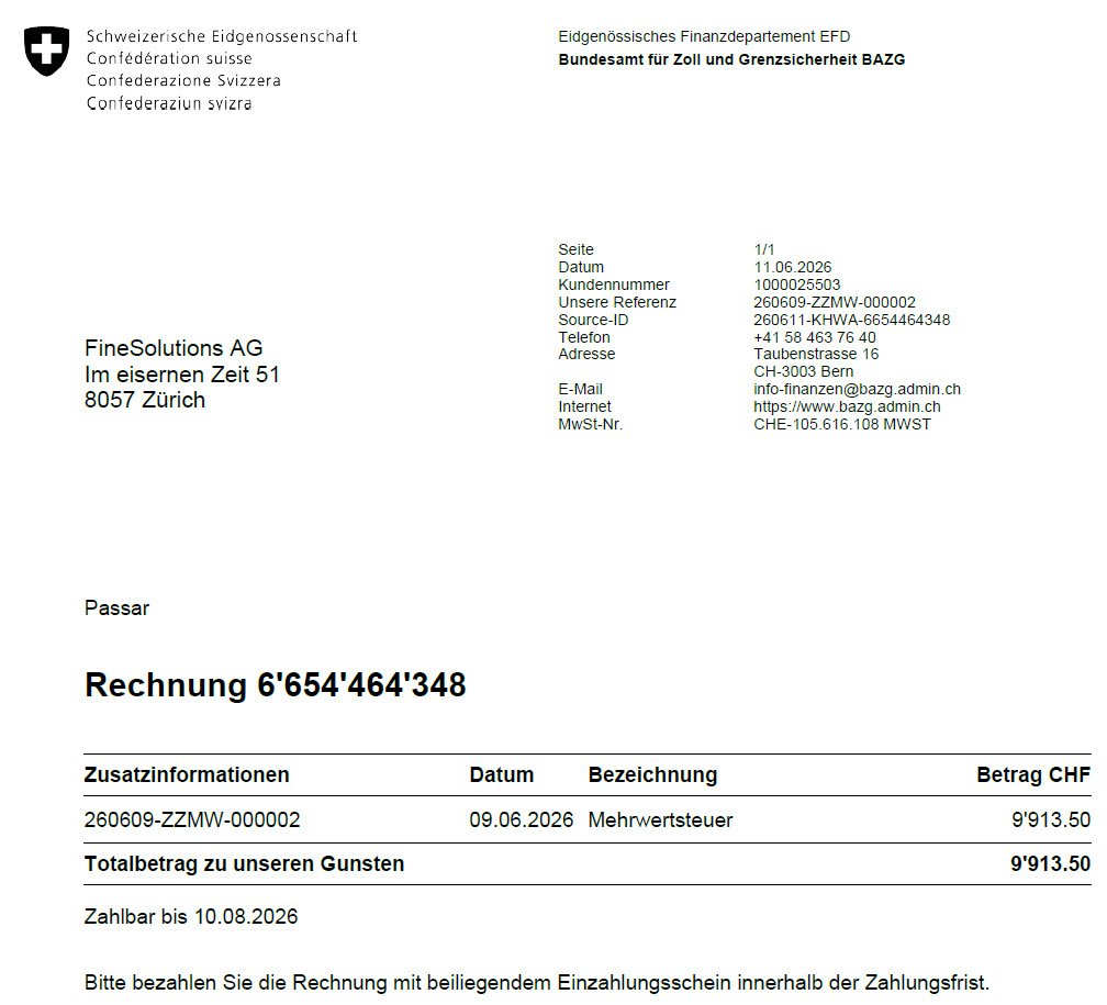 Muster BAZG-Rechnung Passar mit Mehrwertsteuer auf den Importeur FineSolutions AG über einen Betrag von 9913.50 CHF