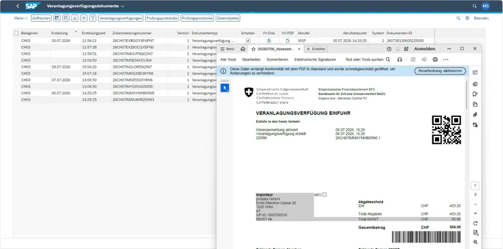 Liste abgeholter Veranlagungsverfügungen in SAP mit geöffneter eVV als PDF