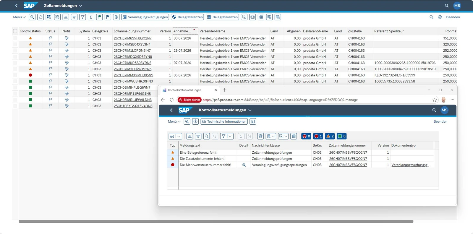 Ampel-Kontrollstatus in SAP mit geöffneter Liste der Prüfmeldungen