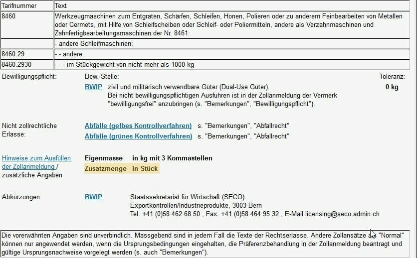 Detailansicht Tarifnummer