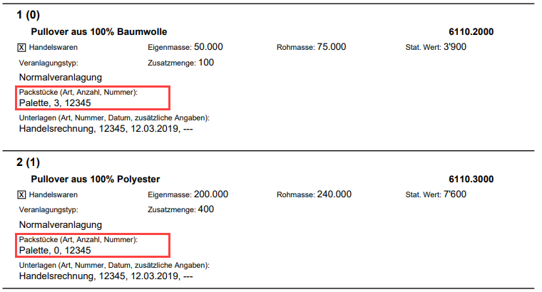 Beispiel einer e-dec Export Ausfuhrliste mit beigepackter Ware
